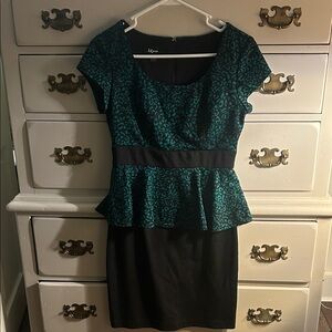 Elegant Teal and Black Peplum Dress, Size 5
